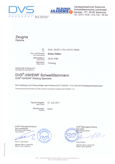 Zertifikat DVS Schweißfachmann Robin Müller