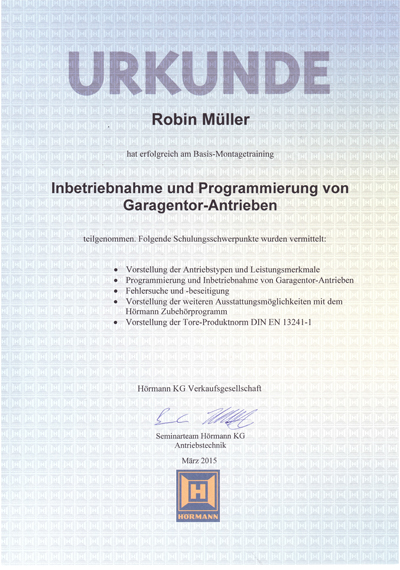 Zertifikat Hörmann Programmierung Garagentore Robin Müller