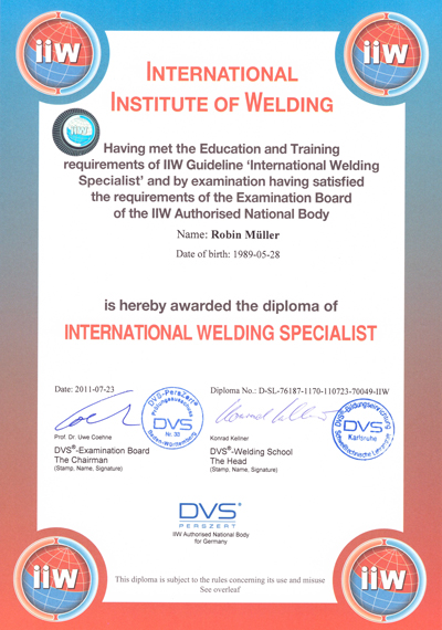 Zertifikat International Welding Specialist Robin Müller