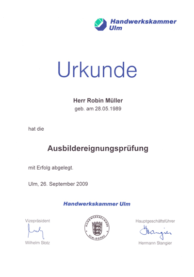 Zertifikat Ausbildereignungsprüfung Robin Müller