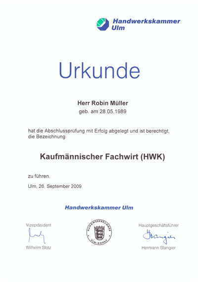 Zertifikat Kaufmännischer Fachwirt Robin Müller