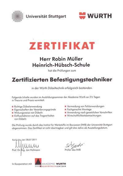 Zertifikat Würth Befestigungstechniker Robin Müller