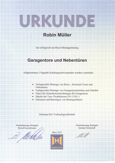 Zertifikat Hörmann Garagentore Nebentüren Robin Müller